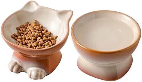 Elevated Cat/Dog Bowls Set : 5 Inch Ceramic Raised Cat Food & Water Bowl Set for Protecting Pet's Spine - Feeding & Watering Supplies for Pets - Elegant Brown (2 PC)