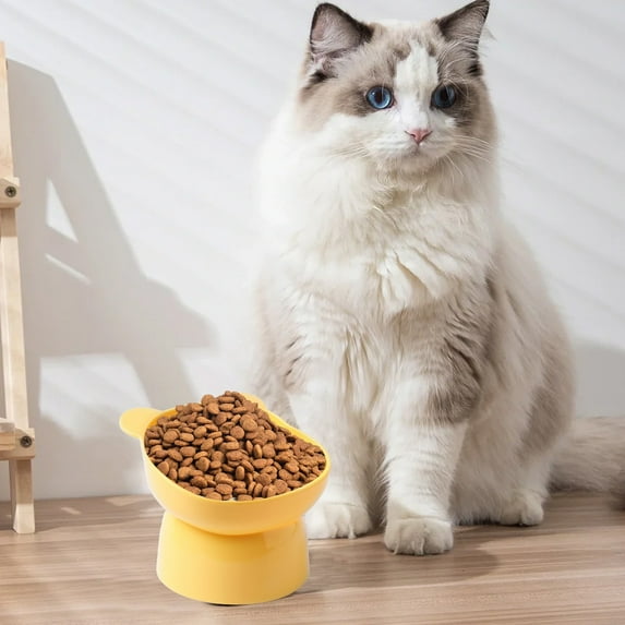 Elevated Cat&Dog Bowls Set : 5 Inch Ceramic Raised Cat Food & Water Bowl Set for Protecting Pet's Spine - Feeding & Watering Supplies for Pets (Yellow)