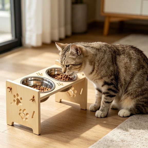 Elevated Cat Feeder Adjustable Raised Kitten Feeding Stand with Double Stainless Steel Bowls Wood Pet Feeding Station for Indoor Cats and Small Dogs