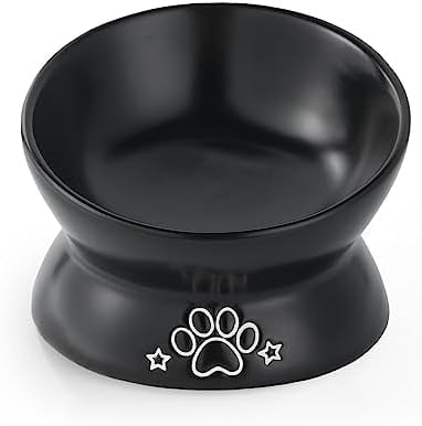 Elevated Cat Food Bowl, 5 Oz Ceramic Raised and Tilted Water Bowl, Anti Vomiting and Protect Pets' Spines Dishes for Small Dog, Fat Faced Cat, Kitten (Black Pattern, 1 Pack)