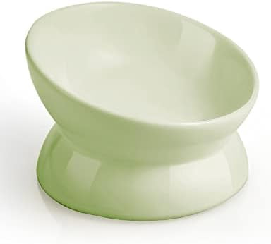 Elevated Cat Food Bowl, 5 Oz Ceramic Raised and Tilted Water Bowl, Anti Vomiting and Protect Pets' Spines Dishes for Small Dog, Fat Faced Cat, Kitten (Green, 1 Pack)