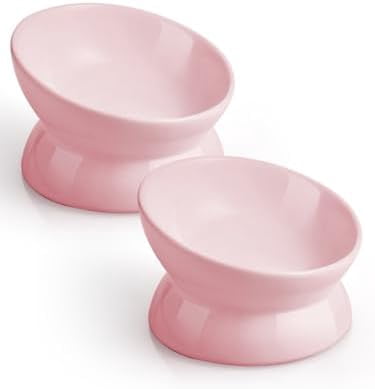 Elevated Cat Food Bowl, 5 Oz Ceramic Raised and Tilted Water Bowl, Anti Vomiting and Protect Pets' Spines Dishes for Small Dog, Fat Faced Cat, Kitten (Pink, 2 Pack)