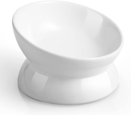 Elevated Cat Food Bowl, 5 Oz Ceramic Raised and Tilted Water Bowl, Anti Vomiting and Protect Pets' Spines Dishes for Small Dog, Fat Faced Cat, Kitten (White, 10 OZ)