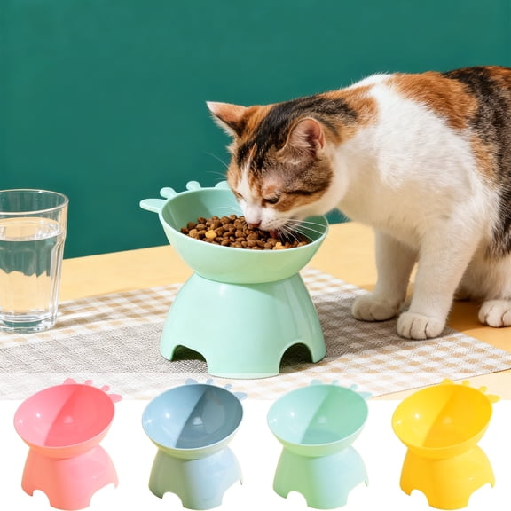 Elevated Cat Food Bowl Tilted Plastic Pet Feeder – Non-Slip Raised Stand, Large Diameter, Multi-Color, Neck Protecting, Easy Clean, Single Pet Bowl