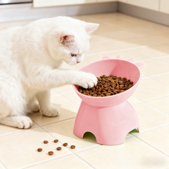 Elevated Cat Food Bowl Tilted Plastic Pet Feeder – Non-Slip Raised Stand, Large Diameter, Multi-Color, Neck Protecting, Easy Clean, Single Pet Bowl