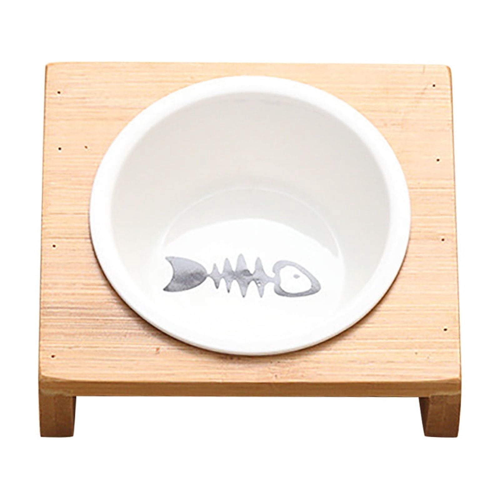 Elevated Cat Food Bowls, Ceramic Pet Dish Feeder Bamboo-Base Skid-Resistant Bowl Water and Food Container for Cats and Dogs Easy Feeding (1 Bowls)