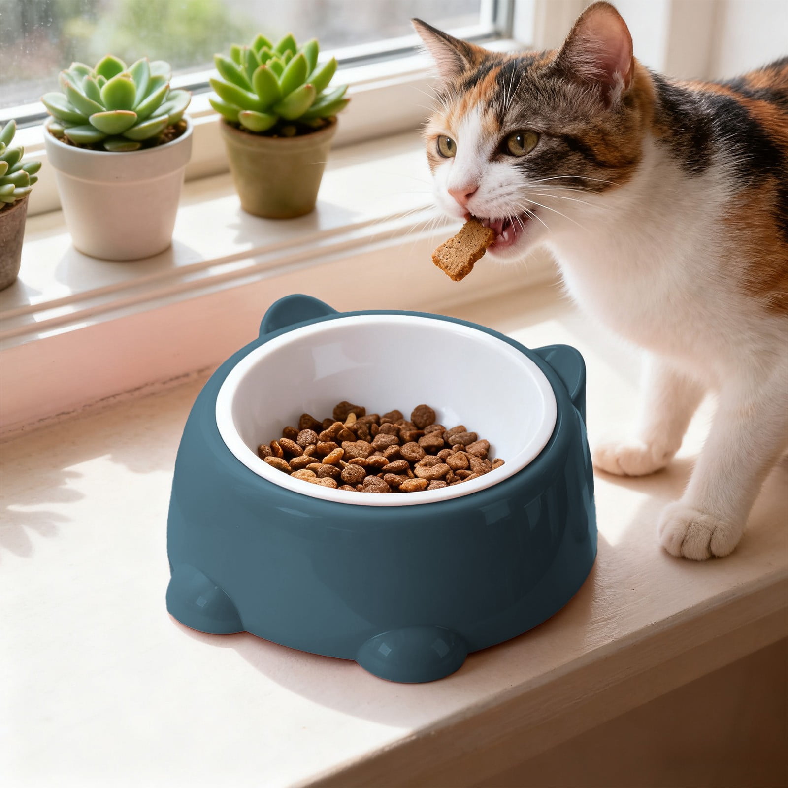 Elevated Cat Food Water Bowl, 250ml Large Capacity Neck-Protecting Whisker-Friendly Plastic Bowl, Non-Tip Cute Blue Pet Feeding Dish for All Size Cats (1pc)