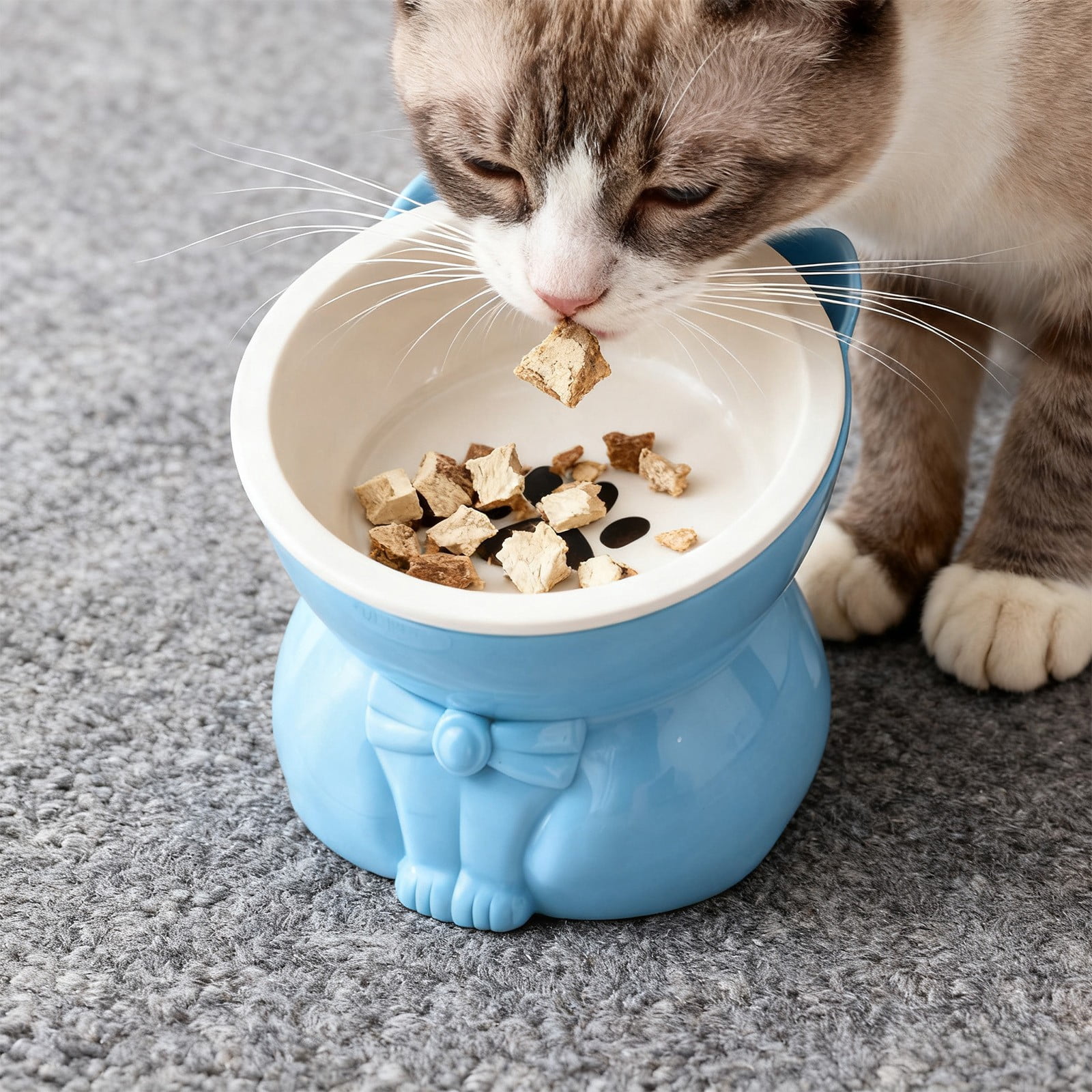 Elevated Cat Food & Water Bowl, 250ml Large Capacity Raised Whisker-Friendly Anti-Tip Plastic Feeding Bowl for Cats, Cute Blue Pet Bowl (1pc, Non-Dishwasher Safe)