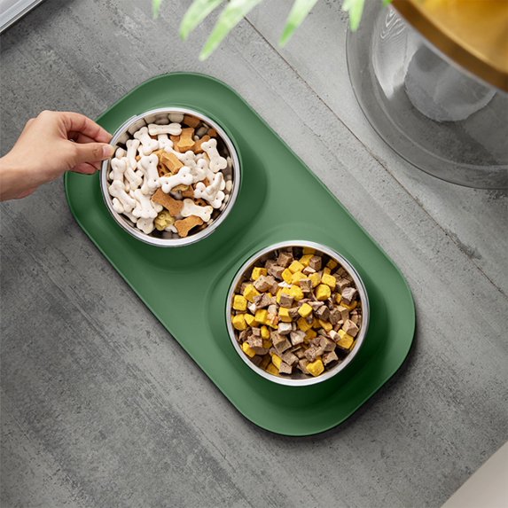 Elevated Cat Food And Water Bowl Set – All‑In‑One Raised Double Pet Feeder, Clear Plastic, Non Slip Base, Ergonomic Neck Support, 15.7 in, Blue/Green/White
