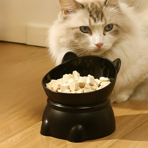 Elevated Cat Food and Water Bowl – 5.3 x 5.1in Raised Plastic Feeder with Anti-Tip Base for Neck Support and Comfort(Black)