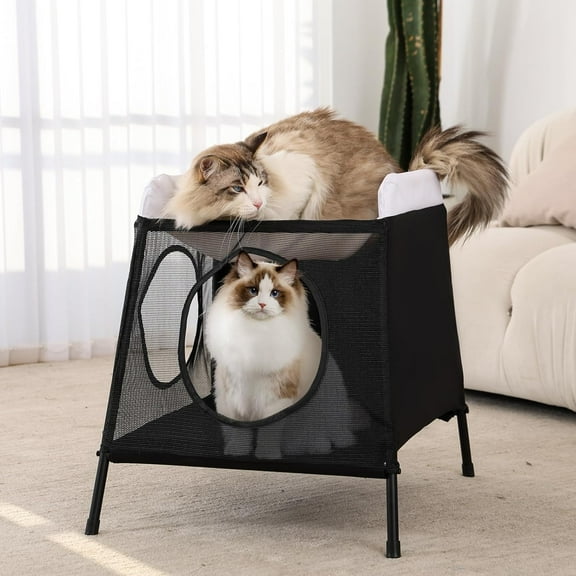 Elevated Cat House Double-Layer Foldable Indoor Hammock Bed & Cave for Multiple/Large Cats Dogs Bunnies Breathable Summer Hideaway with Detachable Removable Cover