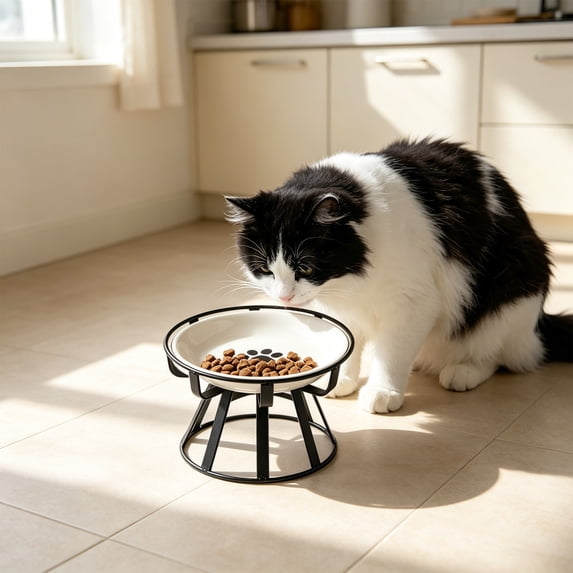Elevated Ceramic Cat Bowl With Metal Stand Anti Tip Pet Food Water Bowl Cute Pattern Raised Feeding Dish For Small Medium Cats Dogs Prevent Neck Strain Indoor Pet Feeder