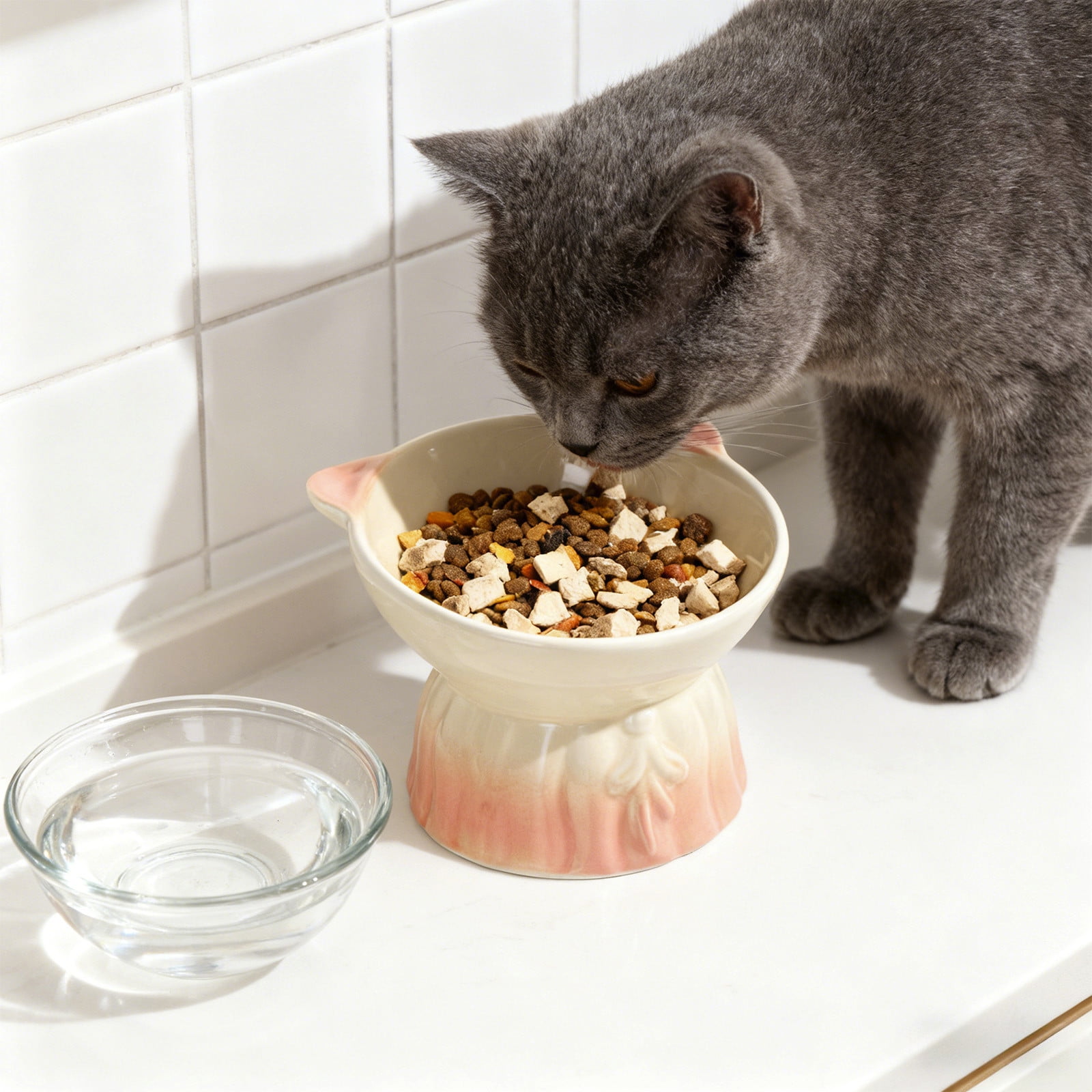 Elevated Ceramic Cat Bowl, Raised Neck-Protective Whisker-Friendly Anti-Tip Pet Food & Water Dish for All-Size Cats (1pc)
