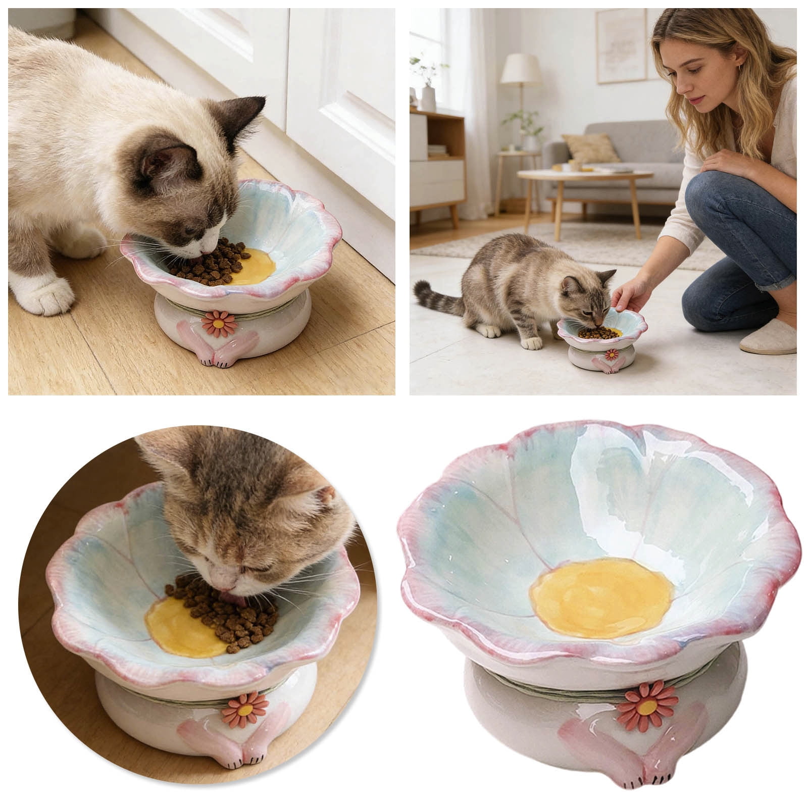 Elevated Ceramic Cat Bowls - Anti Vomiting Dish, Cute Flower Design, Non- Tilted Pet Feeder, Shallow Ceramic Cat Bowl | Comfortable Feeding Station for Indoor Cats, Kittens, Pets, Home Dining