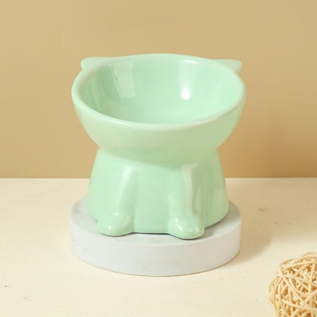 Elevated Ceramic Cat Food Bowl Large Capacity Pet Feeding Dish Neck Support Design Measuring 5.12x4.13 Inches (Green/2)