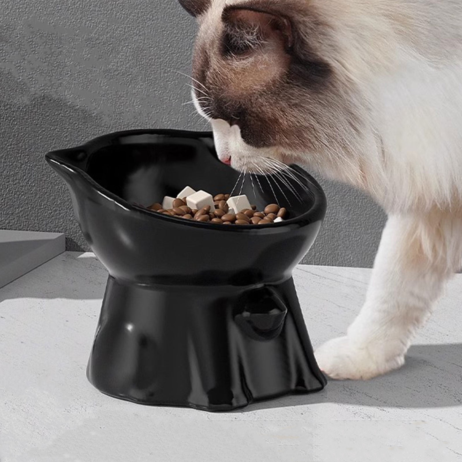 Elevated Ceramic Cat Food & Water Bowl, 250ml Large Capacity Neck-Protecting Whisker-Friendly Anti-Tip Black Cute Pet Feeding Bowl for All Cat Sizes