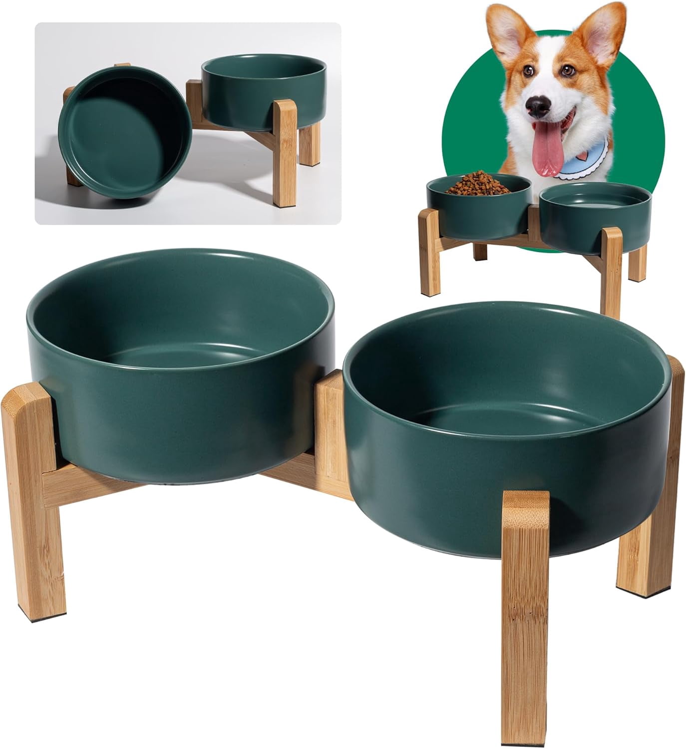 Elevated Ceramic Dog Bowl Set - Raised Dog Bowls with Non-Slip BambooStand - Dog Food and Water Bowl Set - Double Dog Feeding Bowls - Suitable for Small and Medium Dogs - 28.74 OZ - 3.6 CUPS - 850 ML