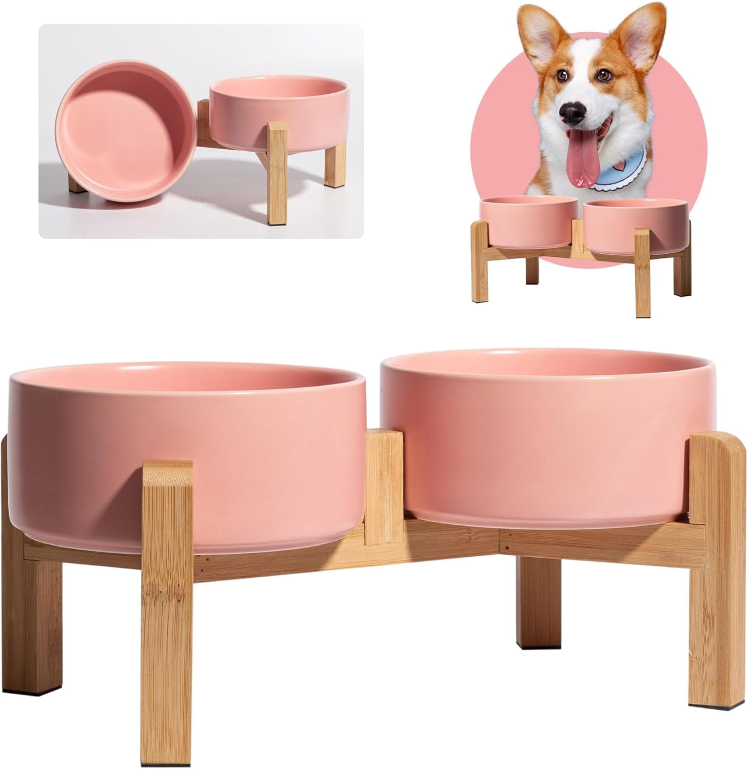 Elevated Ceramic Dog Bowl Set - Raised Dog Bowls with Non-Slip BambooStand - Dog Food and Water Bowl Set - Double Dog Feeding Bowls - Suitable for Small and Medium Dogs - 28.74 OZ - 3.6 CUPS - 850 ML