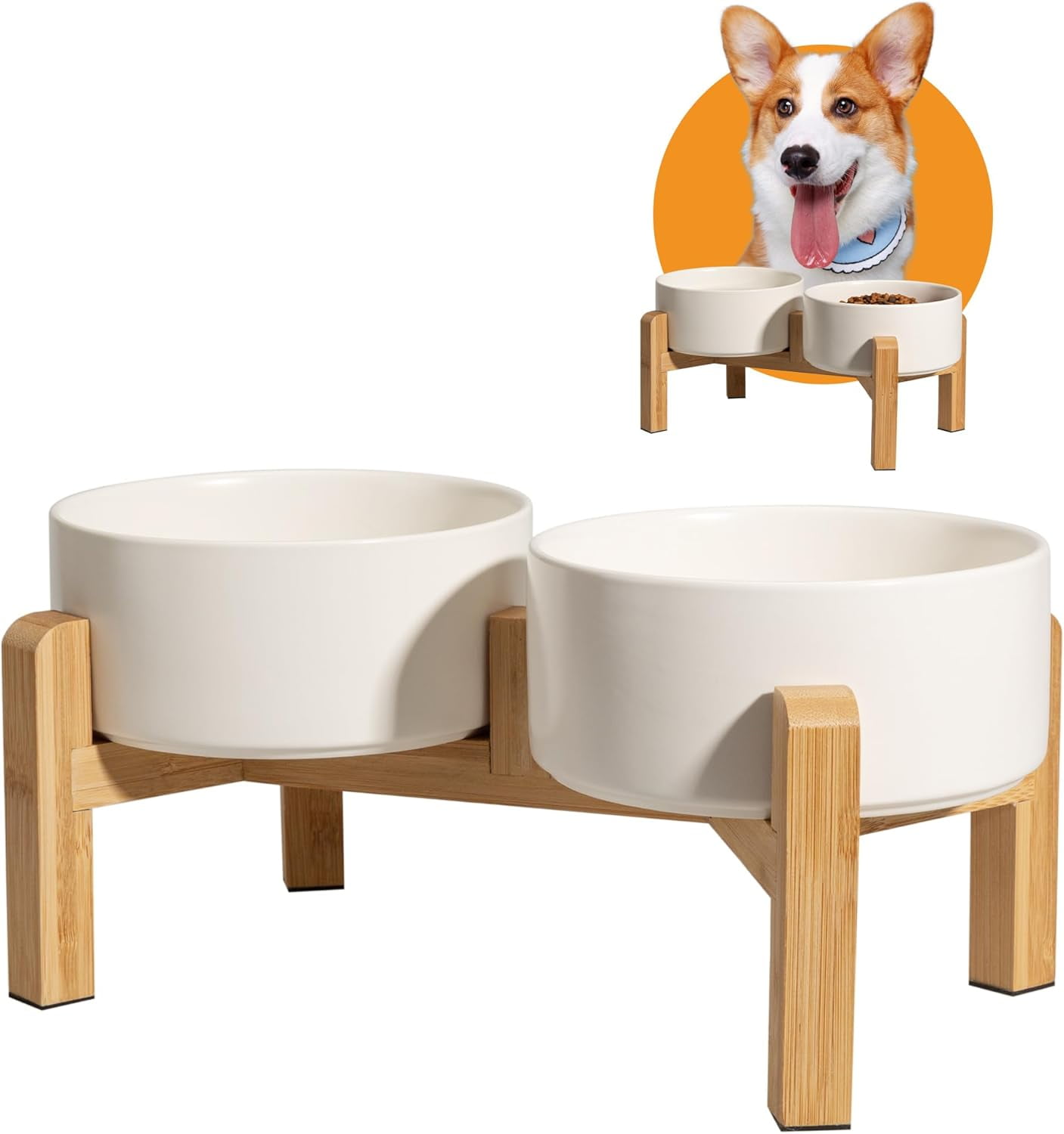 Elevated Ceramic Dog Bowl Set - Raised Dog Bowls with Non-Slip BambooStand - Dog Food and Water Bowl Set - Double Dog Feeding Bowls - Suitable for Small and Medium Dogs - 28.74 OZ - 3.6 CUPS - 850 ML