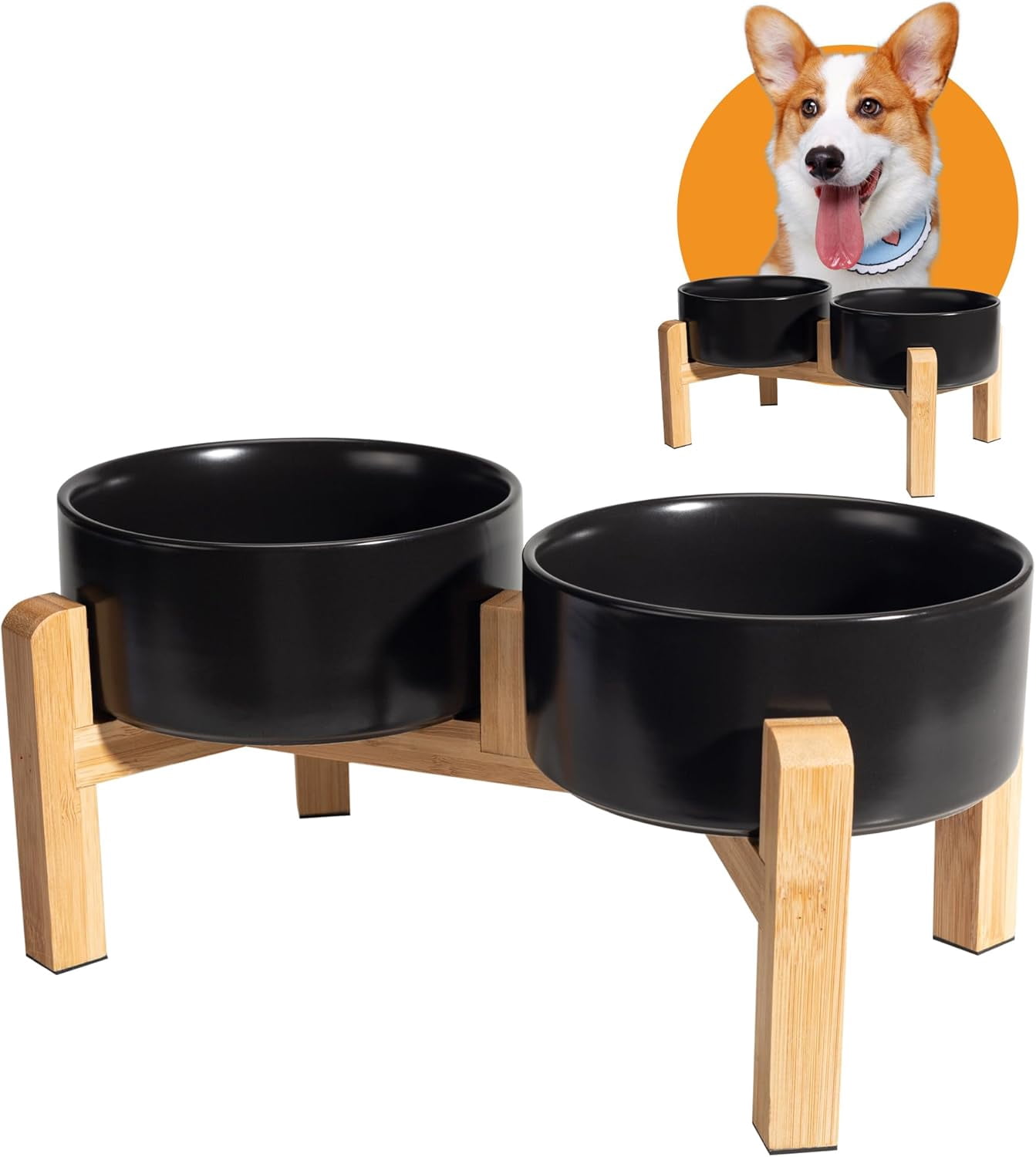 Elevated Ceramic Dog Bowl Set - Raised Dog Bowls with Non-Slip BambooStand - Dog Food and Water Bowl Set - Double Dog Feeding Bowls - Suitable for Small and Medium Dogs - 28.74 OZ - 3.6 CUPS - 850 ML