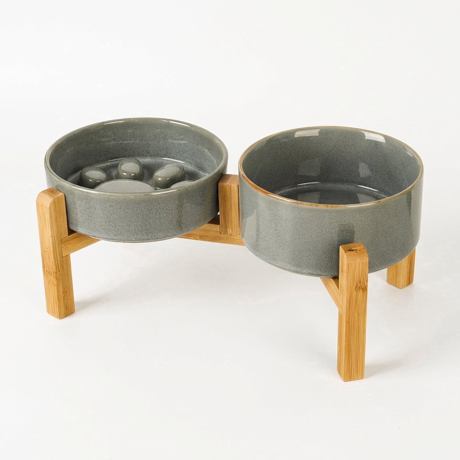 JoyPetto Elevated Ceramic Slow Feeder Water Bowl Set with Adjustable Bamboo Stand, 6.5" 6.1" 27oz Safe Feeder for Small Pets, Grey