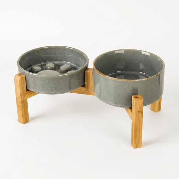 JoyPetto Elevated Slow Feeder & Water Bowl Set with Adjustable Bamboo Stand for Small Dogs and Cats – Ceramic, 6.5” & 6.1” (27 oz), Dishwasher & Microwave Safe, Grey