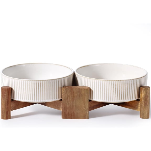 Elevated Ceramic Dog Cat Bowl Set - 1.8-Cup Raised Feeding Bowls with Non-Slip Wood Stand - Small Pet Dishes for Food and Water - Ideal for Cats and Puppies