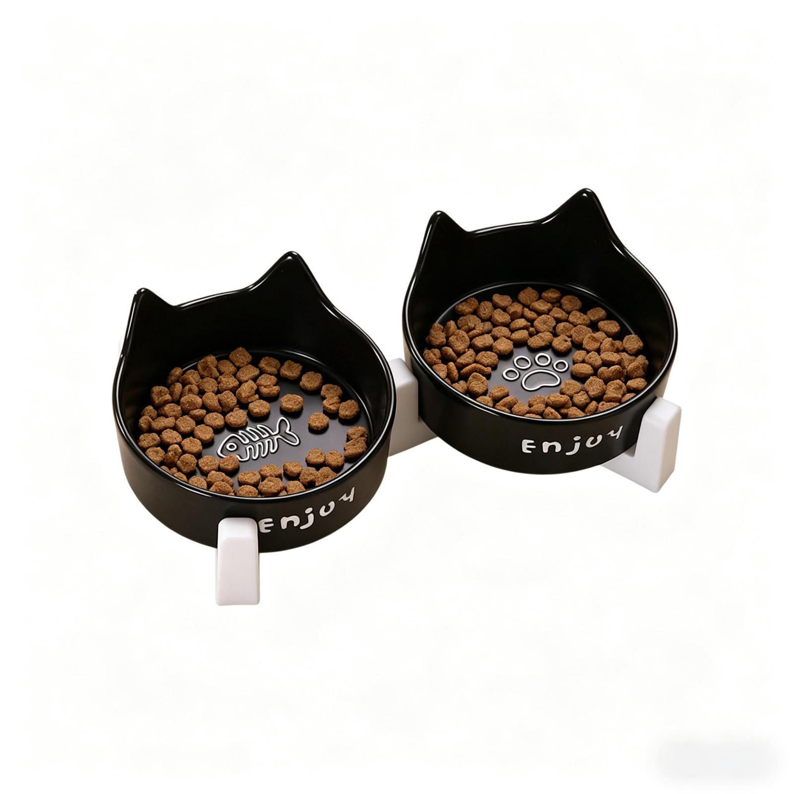 Elevated Ceramic Double Cat Bowl with Stand, Cat Ear Shaped Neck Protection Whisker Fatigue Free Anti-Tip Pet Food & Water Feeder for Cats & Small Dogs, Black