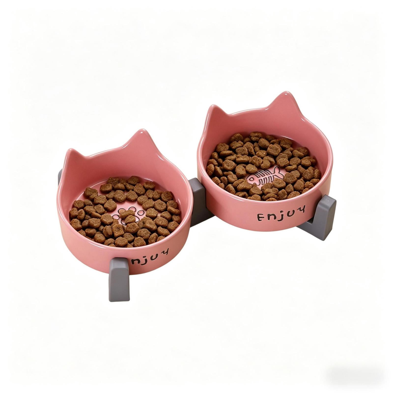 Elevated Ceramic Double Cat Bowl with Stand, Cat Ear Shaped Neck Protection Whisker Fatigue Free Anti-Tip Pet Food & Water Feeder for Cats & Small Dogs, Pink
