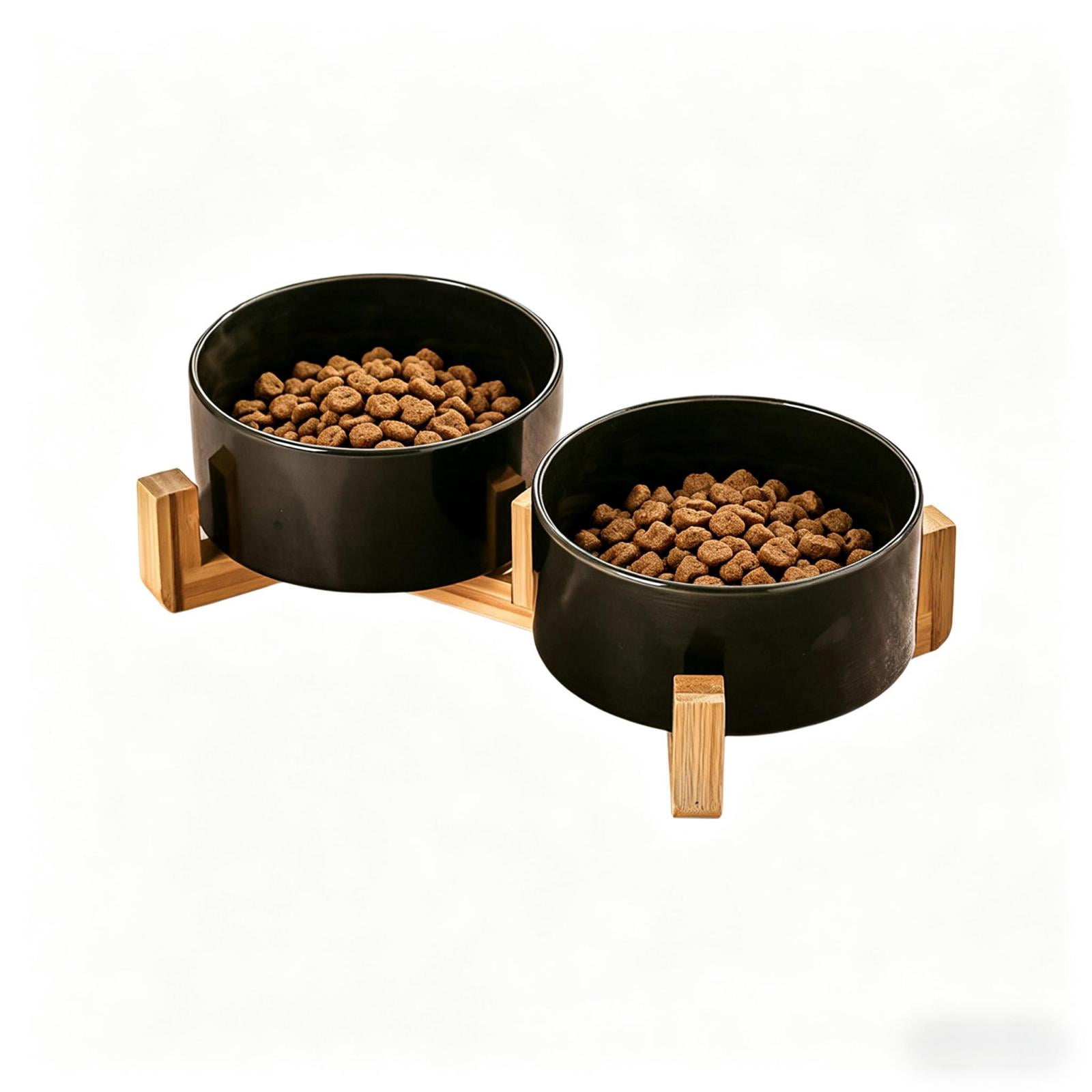 Elevated Ceramic Double Dog Bowl with Bamboo Stand, Neck Protection Whisker Fatigue Free Anti-Tip Pet Food & Water Feeder for Medium Dogs & Cats, Black