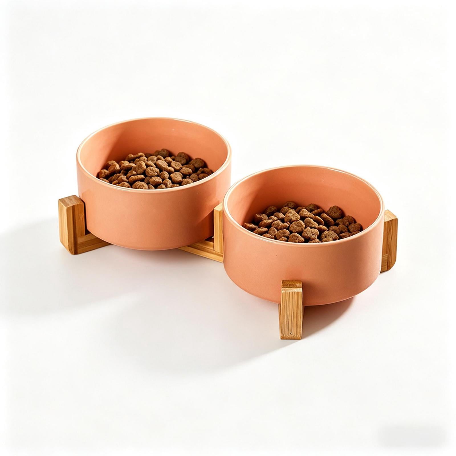 Elevated Ceramic Double Dog Bowl with Bamboo Stand, Neck Protection Whisker Fatigue Free Anti-Tip Pet Food & Water Feeder for Medium Dogs & Cats, Pink