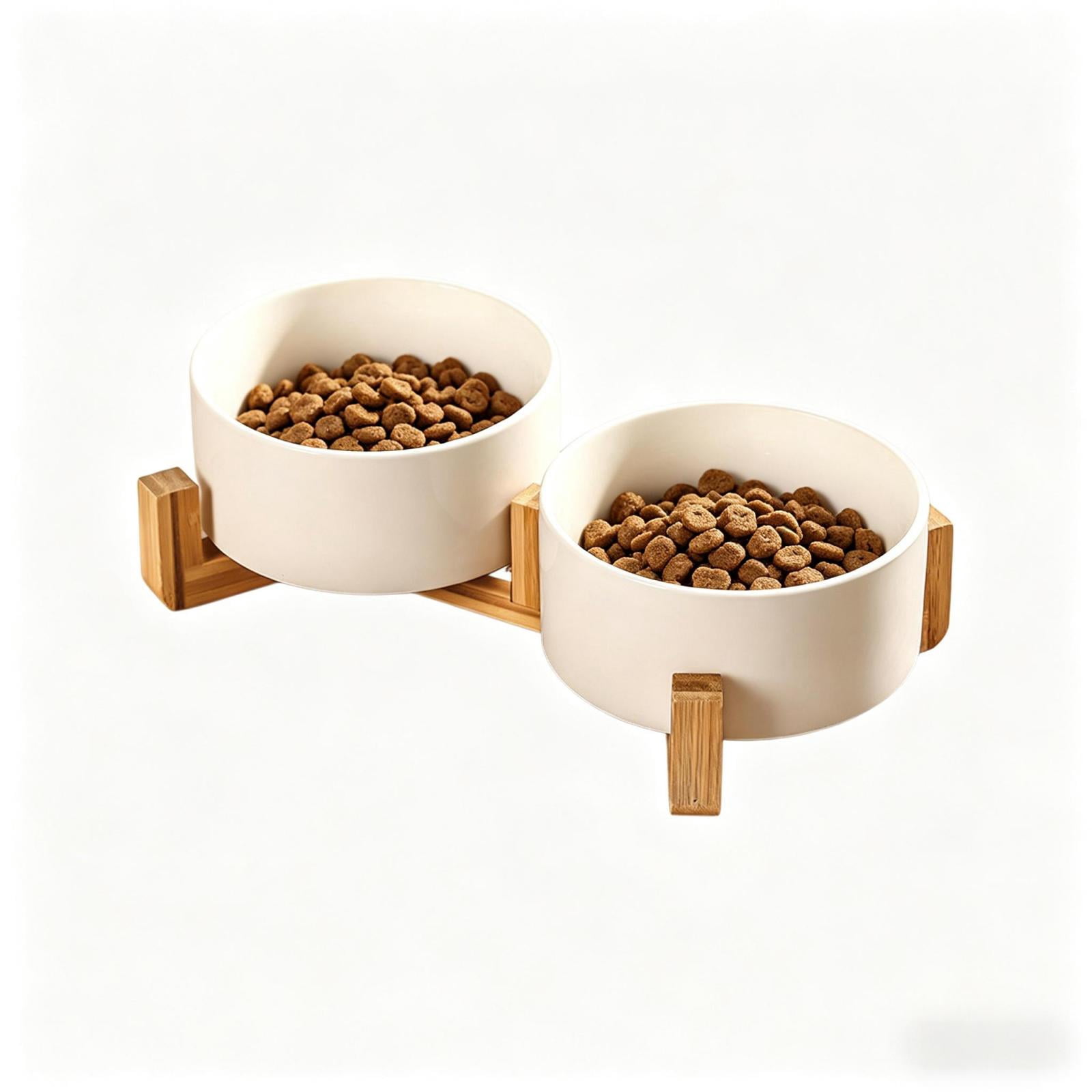 Elevated Ceramic Double Dog Bowl with Bamboo Stand, Neck Protection Whisker Fatigue Free Anti-Tip Pet Food & Water Feeder for Medium Dogs & Cats, White