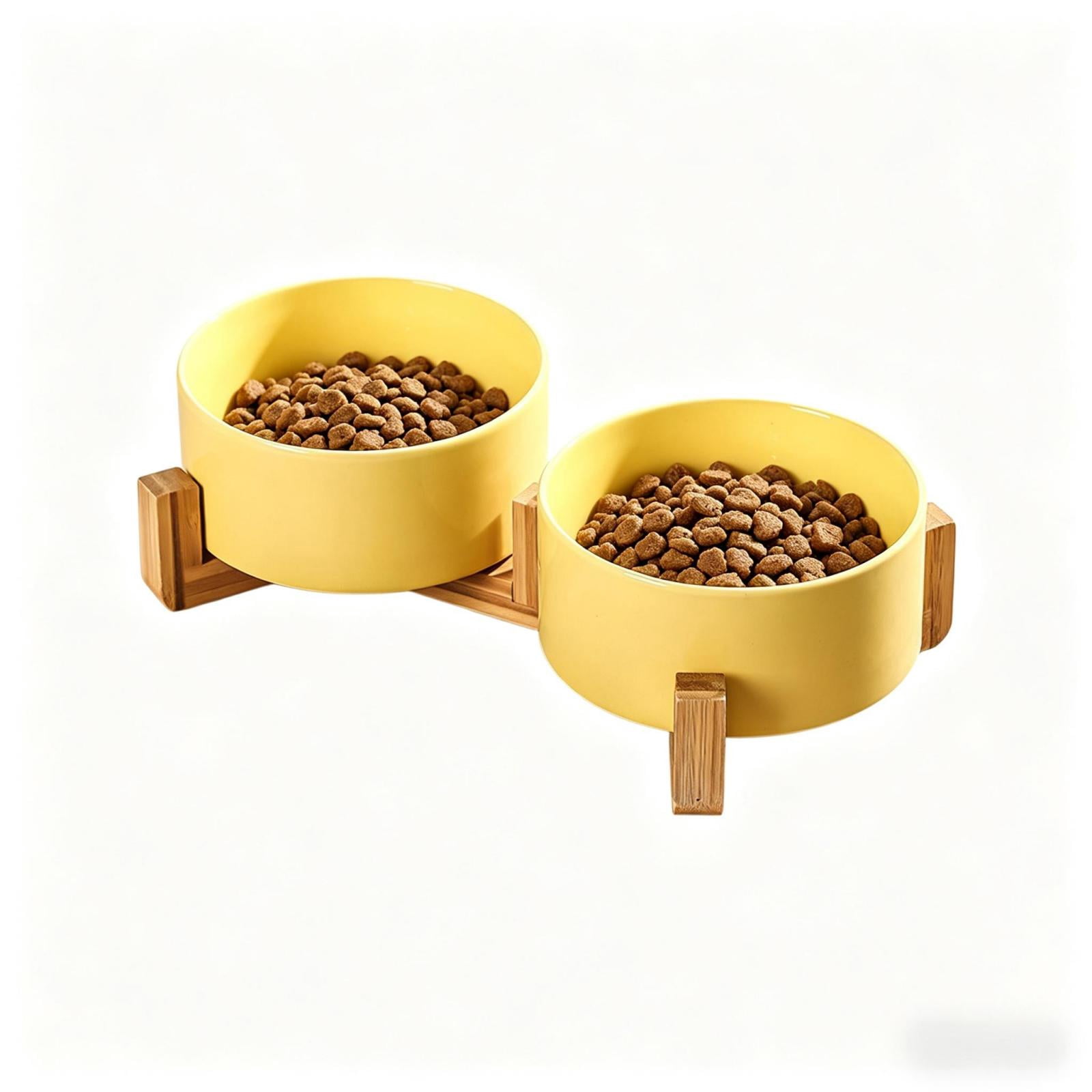 Elevated Ceramic Double Dog Bowl with Bamboo Stand, Neck Protection Whisker Fatigue Free Anti-Tip Pet Food & Water Feeder for Medium Dogs & Cats, Yellow