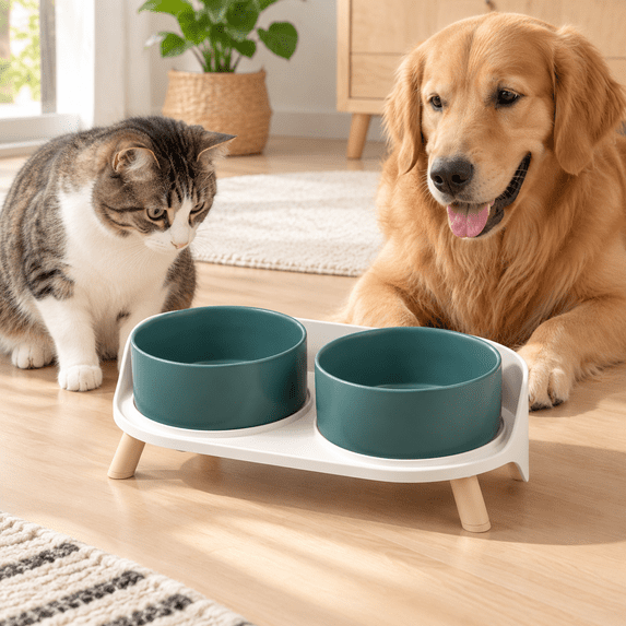 Elevated Ceramic Pet Bowl Set with Stand, Green Medium, Double 720ml ...