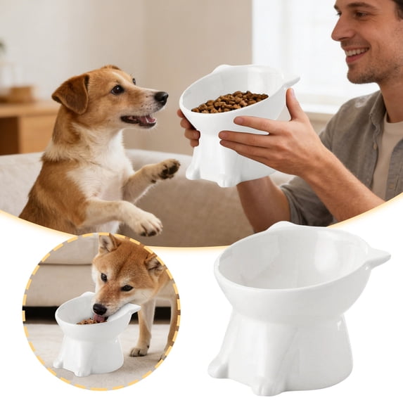 Elevated Ceramic Pet Feeder Bowl With Non Slip Base Ergonomic Tilted Feeding Station For Cats And Dogs(White-13X10Cm)