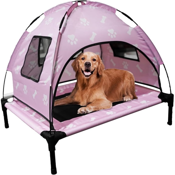 Elevated Covered Dog Bed 36 In X 36 In X 30 In Portable Cooling UV And Water Resistant With Mesh Windows Pastel Pink