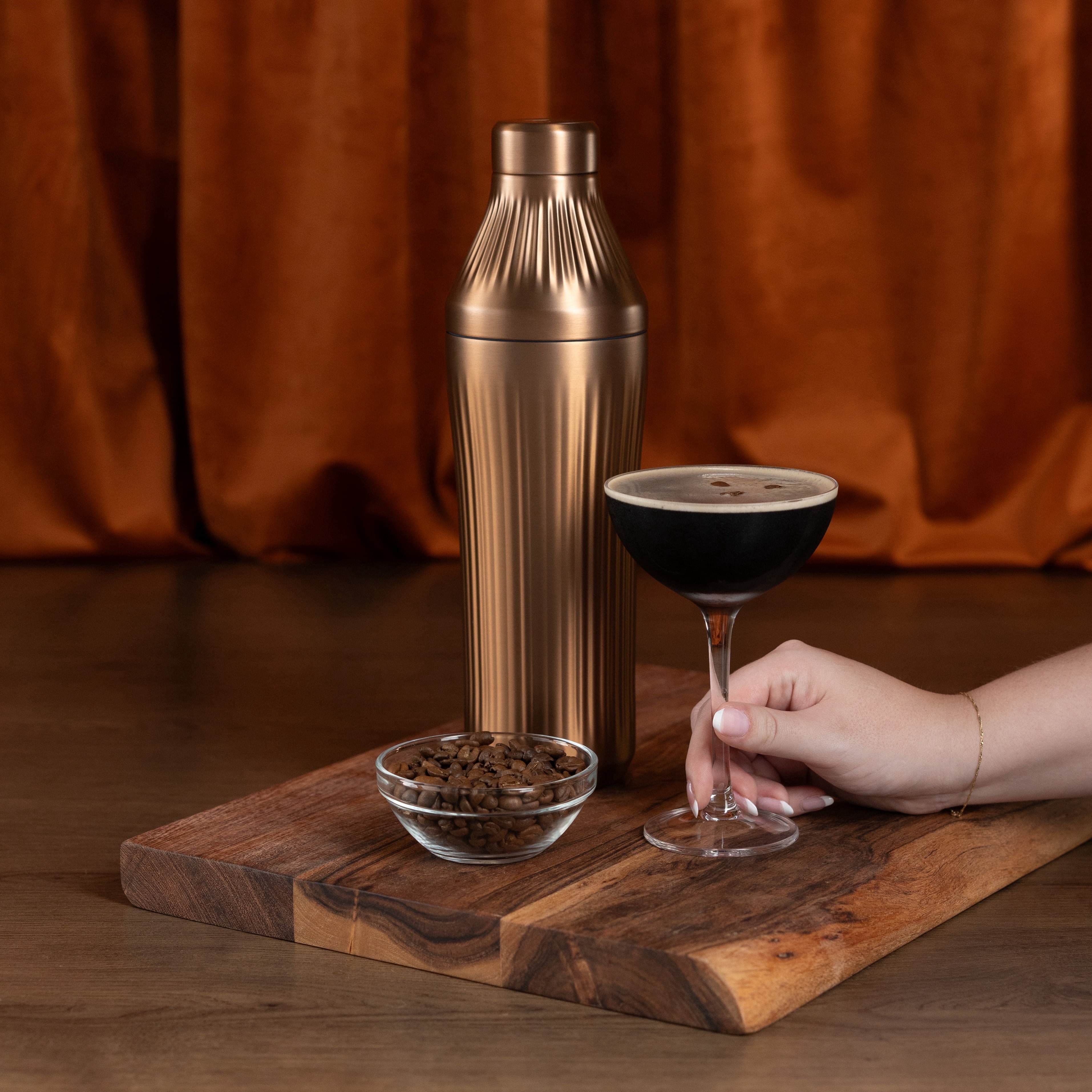 Elevated Craft Diamond Edition Hybrid Cocktail Shaker Set - Premium Vacuum Insulated Brushed Copper, 28 oz, Includes Built-In Strainer, Precise Measuring Top & XL Polishing Cloth - Martini Shaker
