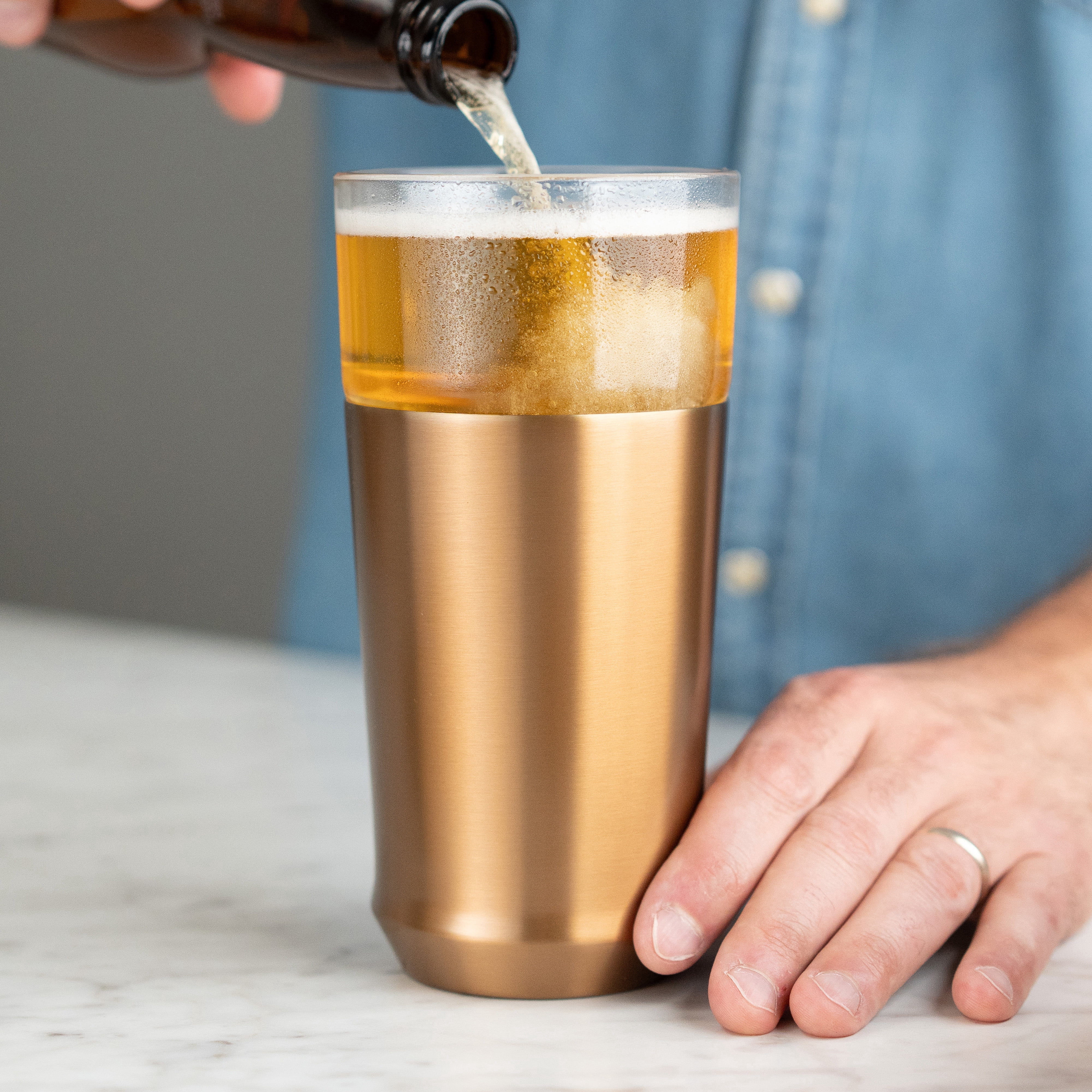 Elevated Craft Hybrid Vacuum Insulated Stainless Steel Base with Removable Pint Glass Insert, Ideal Insulation for Beers & Cold Beverages with Built-in Bottle Opener, Brushed Copper (16 oz)