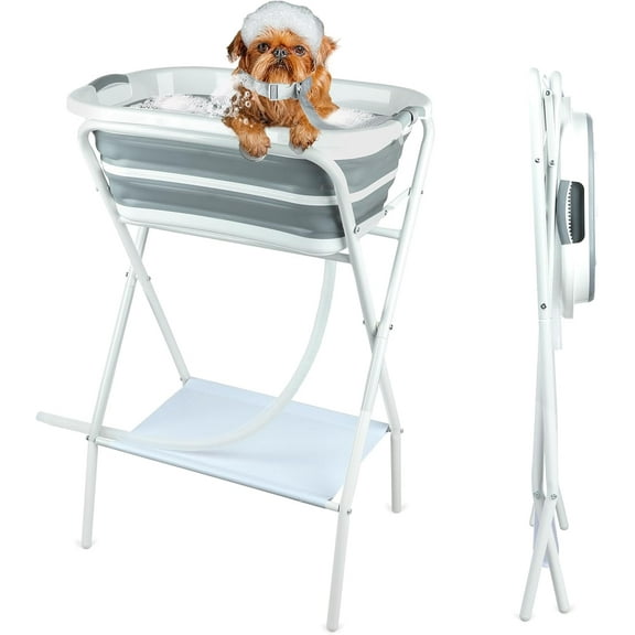 Elevated Dog Bathtub Grooming Station with Drain Adjustable Collar, 2 in 1 Collapsible Dogs Beautify Bathtub Portable Pet Washing Station, Pet Tub for Small Medium Dog Cat Shower Hairdressing