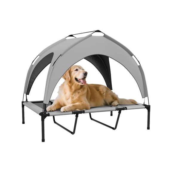 Elevated Dog Bed with Canopy, Portable Raised Pet Cot for Camping and Outdoor Adventures, Washable Breathable Mesh for Indoor and Outdoor Use, Suitable for Large Dogs, 42" x 30" x 37", Light Gray