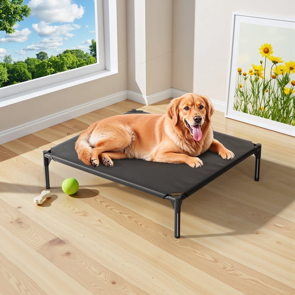 Elevated Dog Bed for Large Dogs, Raised Dog Cot Fits Up to 120 LBs, Heavy Duty Pet Cots with Durable Supportive Teslin Recyclable, Indoor & Outdoor Pet Bed, Black/L