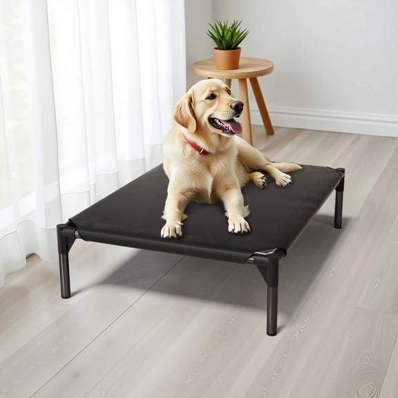 Elevated Dog Bed for Large Dogs, Raised Dog Cot Fits Up to 120 LBs, Heavy Duty Pet Cots with Durable Supportive Teslin Recyclable Washable Mesh, Indoor & Outdoor Pet Bed, Black