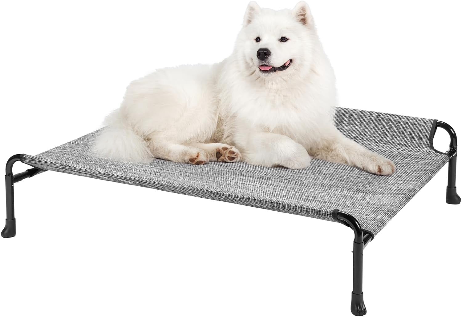 Elevated Dog Bed, Raised Dog Cots for Medium Dogs, Waterproof Outdoor Dogs Bed, Cooling Pet Hammock with Guardrail, Upgraded Non-Slip Feet, Breathable Teslin Mesh, Black Silver, 35x 22 inches