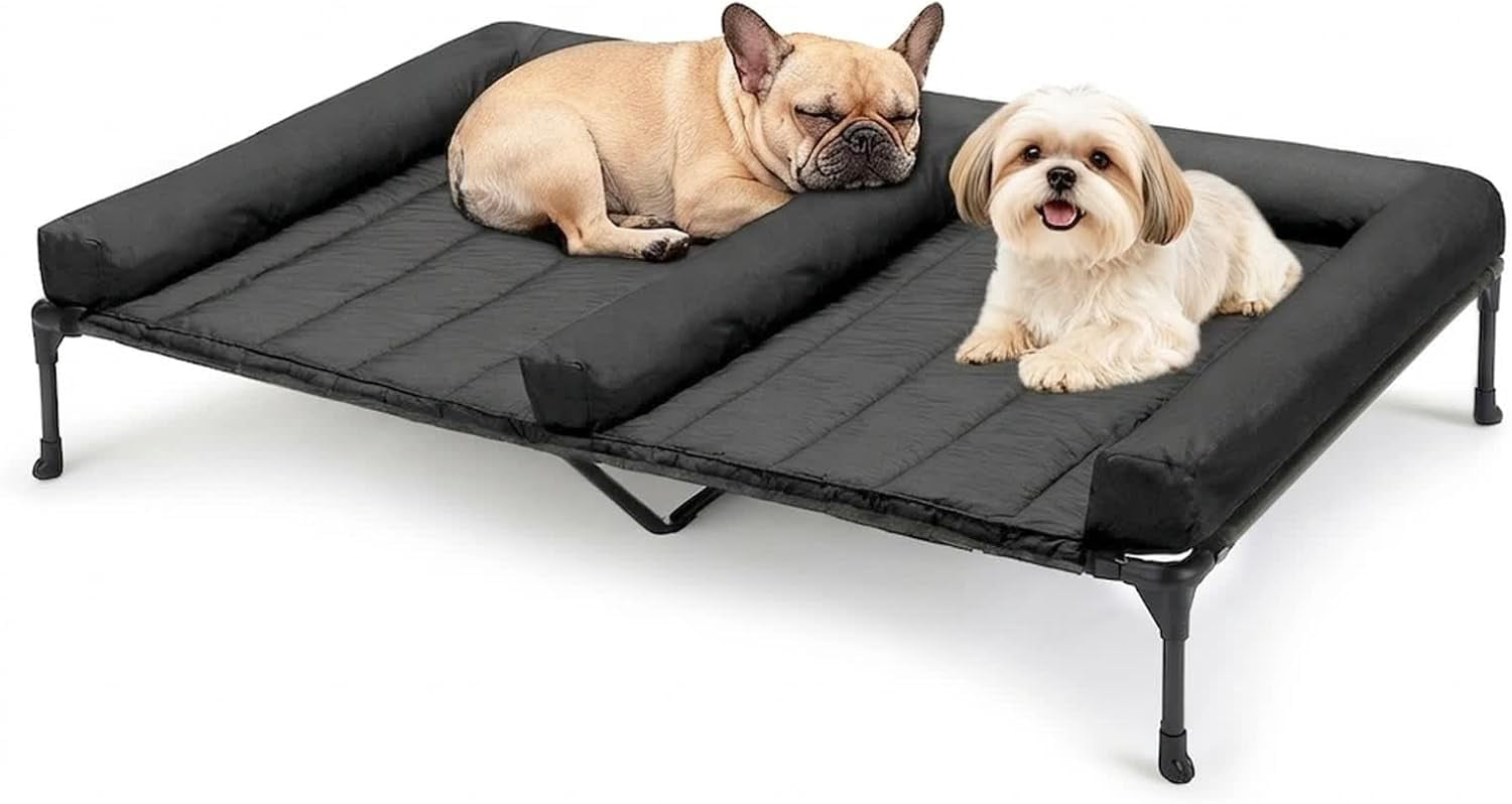 Elevated Dog Bed for Two Dogs, Cooling Raised Dog Bed with Removable Waterproof Bolster Mat, 49" x 33" Double Dog Bed, Outdoor & Indoor Pet Cot with Breathable Mesh, Non-Slip Feet, Black