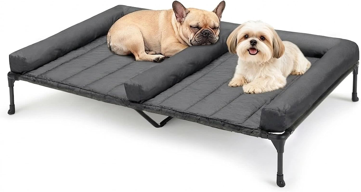 Elevated Dog Bed for Two Dogs, Cooling Raised Dog Bed with Removable Waterproof Bolster Mat, 49" x 33" Double Dog Bed, Outdoor & Indoor Pet Cot with Breathable Mesh, Non-Slip Feet, Bicolor