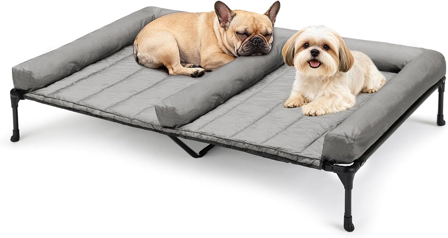 Elevated Dog Bed for Two Dogs, Cooling Raised Dog Bed with Removable Waterproof Bolster Mat, 49" x 33" Double Dog Bed, Outdoor & Indoor Pet Cot with Breathable Mesh, Non-Slip Feet, Grey