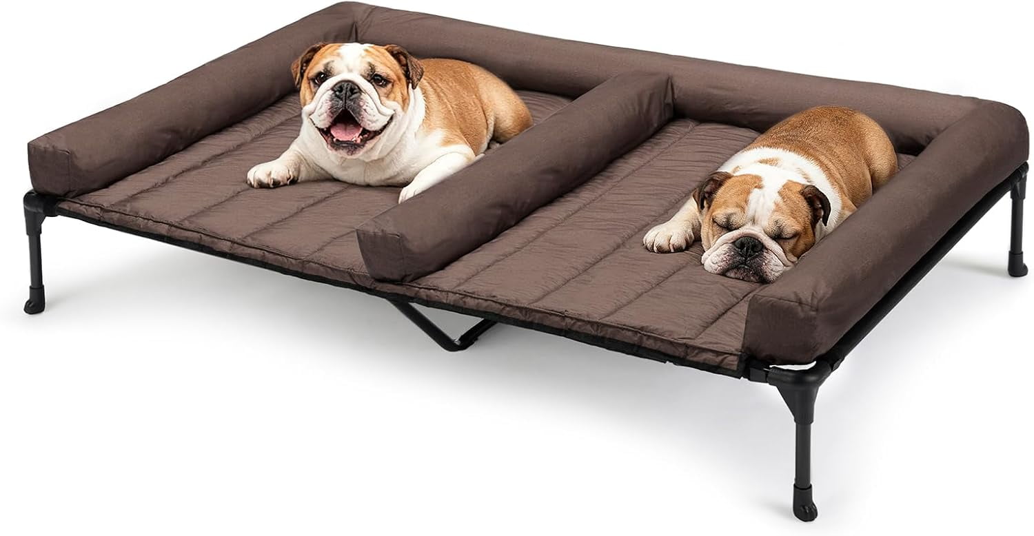 Elevated Dog Bed for Two Dogs, Cooling Raised Dog Bed with Removable Waterproof Bolster Mat, 53" x 37.5" Double Dog Bed, Outdoor & Indoor Pet Cot with Breathable Mesh, Non-Slip Feet, Brown