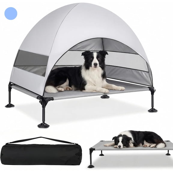 Elevated Dog Bed with UV-Proof Canopy, Outdoor Dog Tent with Powerful Adjustable Feet, Portable Pet Cot with Wider Shade, Raised Cooling Bed for Camping, Patio, Beach, Poolside