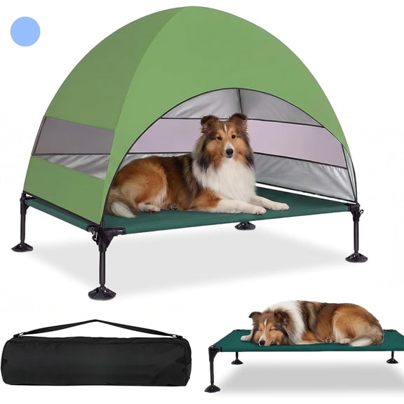Elevated Dog Bed with UV-Proof Canopy, Outdoor Dog Tent with Powerful Adjustable Feet, Portable Pet Cot with Wider Shade, Raised Cooling Bed for Camping, Patio, Beach, Poolside