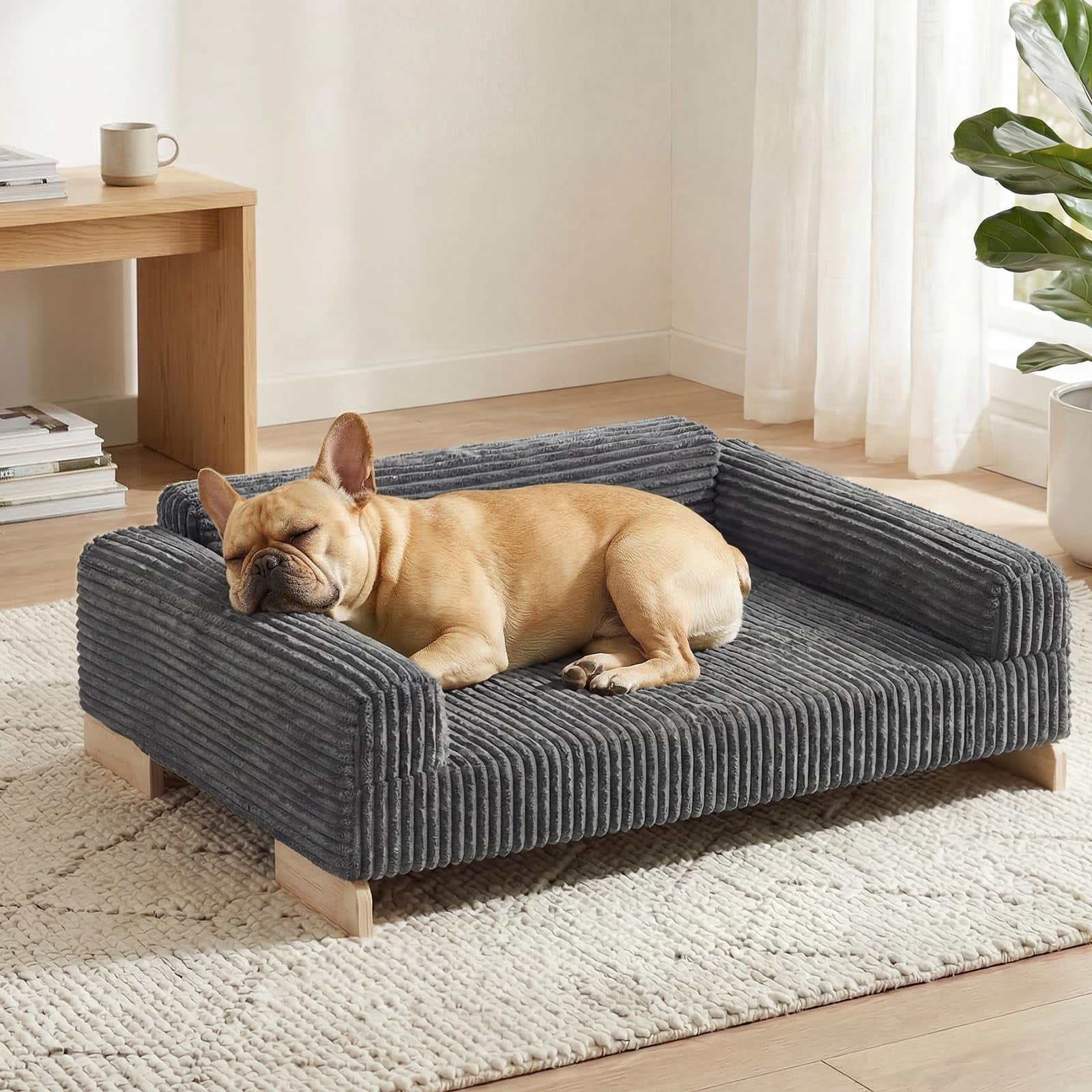 Elevated Dog Bed Wood Furniture Style with Removable Washable Cover, 30"L×24"W×10"H, for Small Dogs Up to 40 Lbs